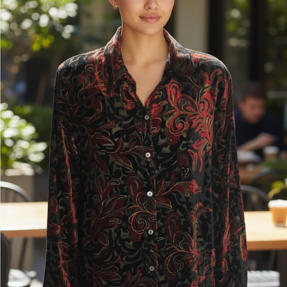 VTG Y2K White Stag Black Burnout Button-Down Shirt with Colorful Velour Patterns